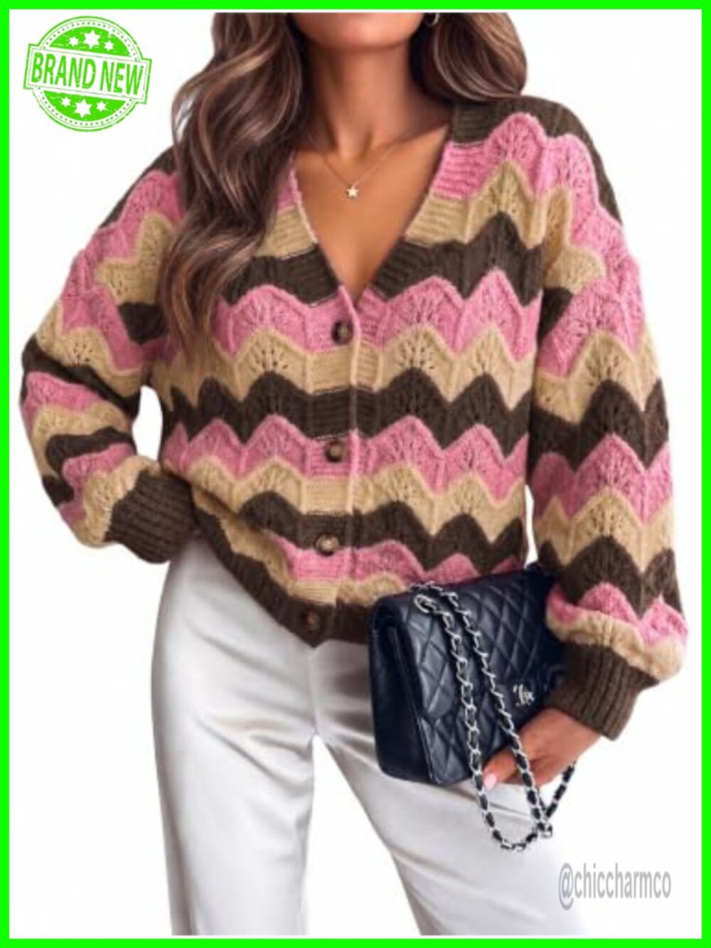 Oversized Striped Button Down V Neck Long Sleeve Chunky Knit Cardigan
